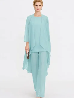 Beach Wedding Jumpsuit/Pantsuit 3 Piece Mother of the Bride Wedding Guest Elegant Plus Size Included Bateau Neck Floor Length Chiffon Sleeveless Jacket es with Solid Color