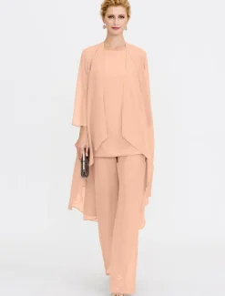 Beach Wedding Jumpsuit/Pantsuit 3 Piece Mother of the Bride Wedding Guest Elegant Plus Size Included Bateau Neck Floor Length Chiffon Sleeveless Jacket es with Solid Color