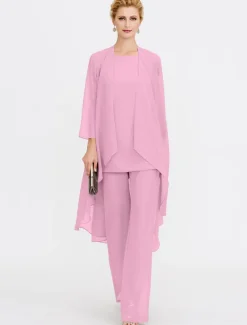 Beach Wedding Jumpsuit/Pantsuit 3 Piece Mother of the Bride Wedding Guest Elegant Plus Size Included Bateau Neck Floor Length Chiffon Sleeveless Jacket es with Solid Color