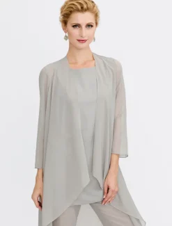 Beach Wedding Jumpsuit/Pantsuit 3 Piece Mother of the Bride Wedding Guest Elegant Plus Size Included Bateau Neck Floor Length Chiffon Sleeveless Jacket es with Solid Color