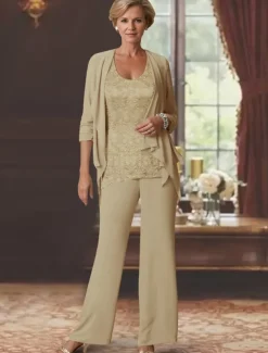 Beach Wedding Jumpsuits Mother of the Bride Wedding Guest Elegant Scoop Neck Ankle Length Chiffon Long Sleeve with Lace free custom size