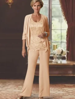 Beach Wedding Jumpsuits Mother of the Bride Wedding Guest Elegant Scoop Neck Ankle Length Chiffon Long Sleeve with Lace free custom size