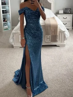 Beach Wedding Mermaid Prom Dresses Sequin Dress Formal Evening Party Sweep / Brush Train Sleeveless Cowl Neck with Ruched Slit Masquerade Dress
