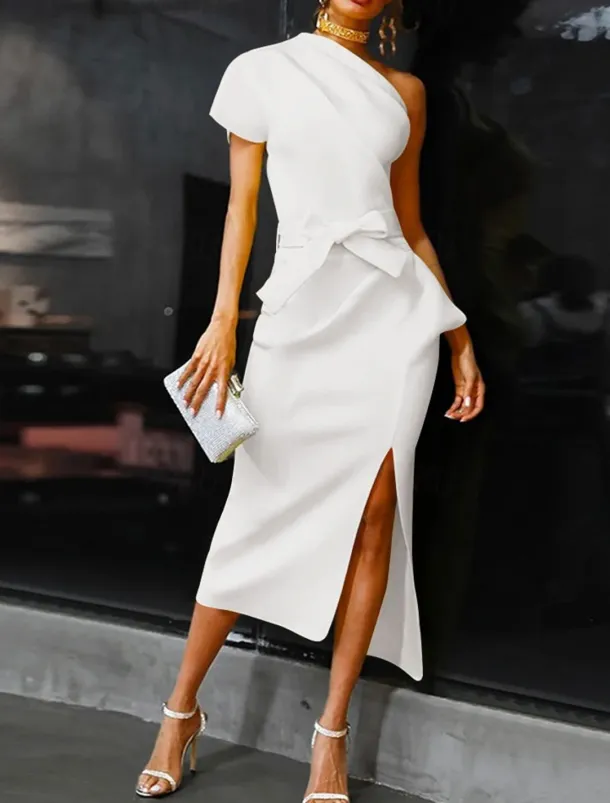 Beach Wedding Sheath Cocktail Dresses Elegant Dress Wedding Guest WorkWear Ankle Length Short Sleeve One Shoulder Stretch Fabric with Bow(s) Slit Dresses