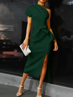 Beach Wedding Sheath Cocktail Dresses Elegant Dress Wedding Guest WorkWear Ankle Length Short Sleeve One Shoulder Stretch Fabric with Bow(s) Slit Dresses