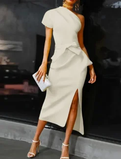 Beach Wedding Sheath Cocktail Dresses Elegant Dress Wedding Guest WorkWear Ankle Length Short Sleeve One Shoulder Stretch Fabric with Bow(s) Slit Dresses