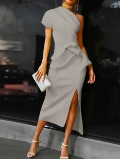 Beach Wedding Sheath Cocktail Dresses Elegant Dress Wedding Guest WorkWear Ankle Length Short Sleeve One Shoulder Stretch Fabric with Bow(s) Slit Dresses