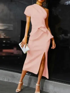 Beach Wedding Sheath Cocktail Dresses Elegant Dress Wedding Guest WorkWear Ankle Length Short Sleeve One Shoulder Stretch Fabric with Bow(s) Slit Dresses