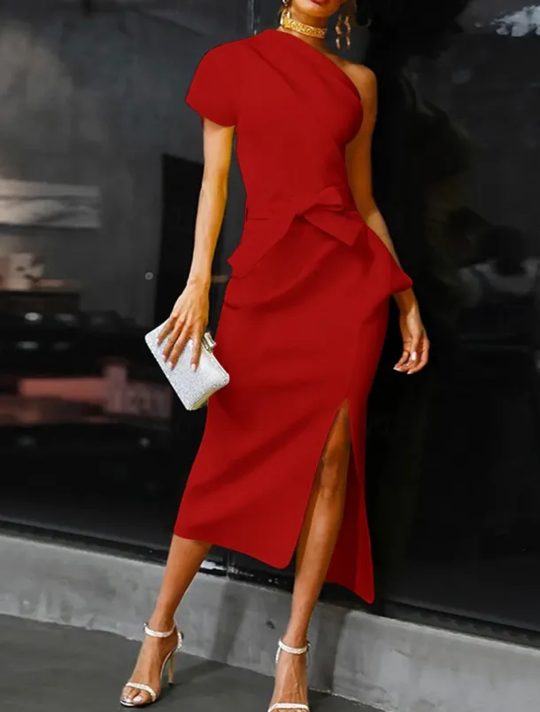 Beach Wedding Sheath Cocktail Dresses Elegant Dress Wedding Guest WorkWear Ankle Length Short Sleeve One Shoulder Stretch Fabric with Bow(s) Slit Dresses