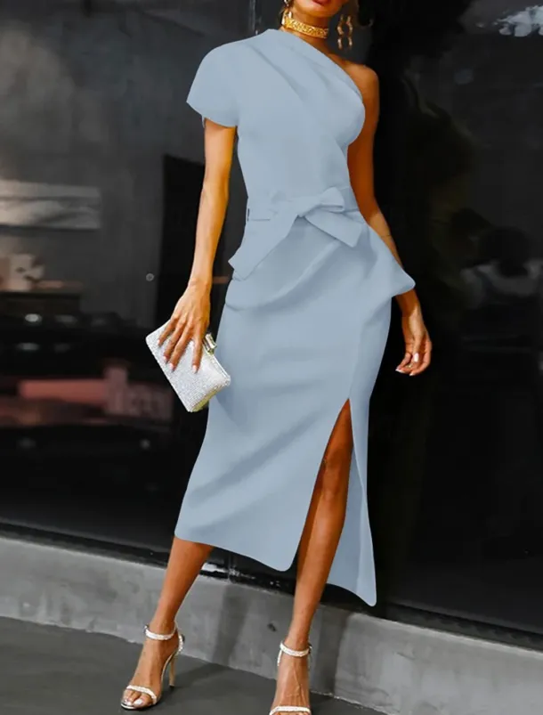 Beach Wedding Sheath Cocktail Dresses Elegant Dress Wedding Guest WorkWear Ankle Length Short Sleeve One Shoulder Stretch Fabric with Bow(s) Slit Dresses