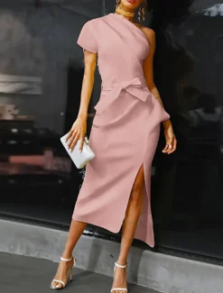 Beach Wedding Sheath Cocktail Dresses Elegant Dress Wedding Guest WorkWear Ankle Length Short Sleeve One Shoulder Stretch Fabric with Bow(s) Slit Dresses
