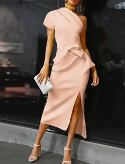 Beach Wedding Sheath Cocktail Dresses Elegant Dress Wedding Guest WorkWear Ankle Length Short Sleeve One Shoulder Stretch Fabric with Bow(s) Slit Dresses
