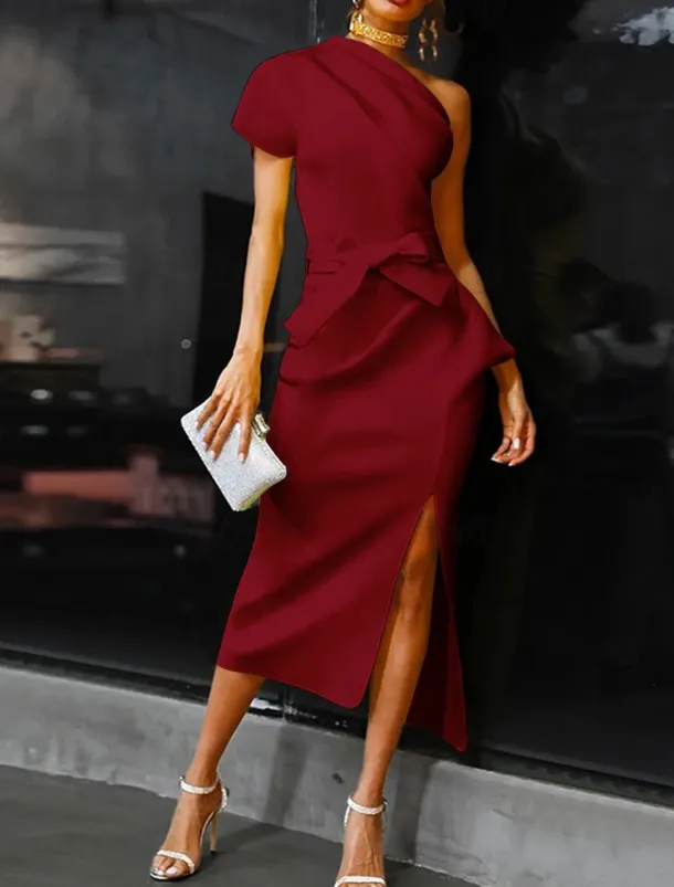 Beach Wedding Sheath Cocktail Dresses Elegant Dress Wedding Guest WorkWear Ankle Length Short Sleeve One Shoulder Stretch Fabric with Bow(s) Slit Dresses