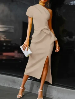 Beach Wedding Sheath Cocktail Dresses Elegant Dress Wedding Guest WorkWear Ankle Length Short Sleeve One Shoulder Stretch Fabric with Bow(s) Slit Dresses