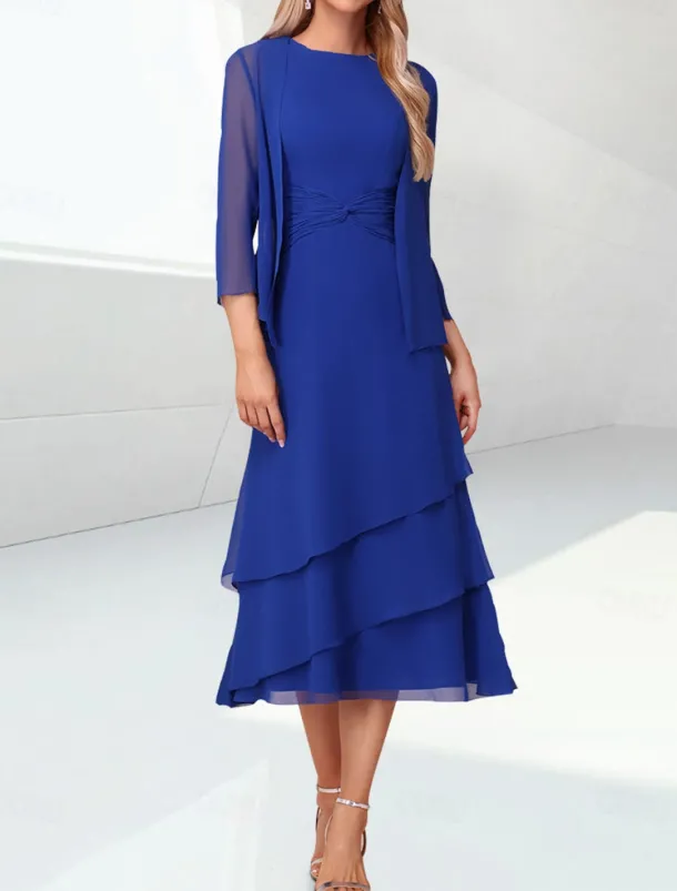 Beach Wedding Sheath Mother of the Bride Dress Elegant Jewel Neck Tea Length Chiffon 3/4 Length Sleeve Wrap Included with Ruching