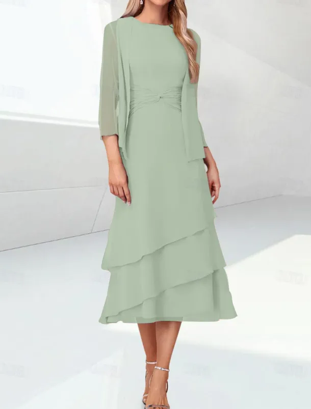 Beach Wedding Sheath Mother of the Bride Dress Elegant Jewel Neck Tea Length Chiffon 3/4 Length Sleeve Wrap Included with Ruching