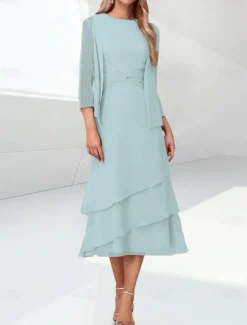 Beach Wedding Sheath Mother of the Bride Dress Elegant Jewel Neck Tea Length Chiffon 3/4 Length Sleeve Wrap Included with Ruching
