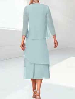 Beach Wedding Sheath Mother of the Bride Dress Elegant Jewel Neck Tea Length Chiffon 3/4 Length Sleeve Wrap Included with Ruching