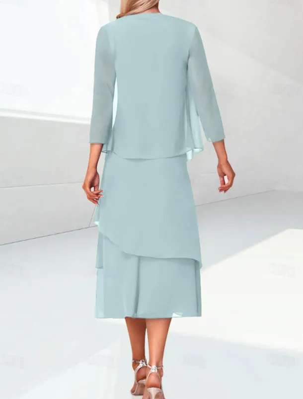 Beach Wedding Sheath Mother of the Bride Dress Elegant Jewel Neck Tea Length Chiffon 3/4 Length Sleeve Wrap Included with Ruching