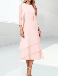Beach Wedding Sheath Mother of the Bride Dress Elegant Jewel Neck Tea Length Chiffon 3/4 Length Sleeve Wrap Included with Ruching