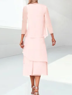 Beach Wedding Sheath Mother of the Bride Dress Elegant Jewel Neck Tea Length Chiffon 3/4 Length Sleeve Wrap Included with Ruching