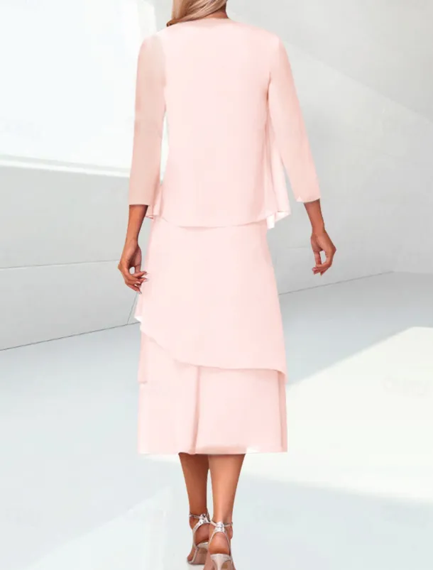 Beach Wedding Sheath Mother of the Bride Dress Elegant Jewel Neck Tea Length Chiffon 3/4 Length Sleeve Wrap Included with Ruching