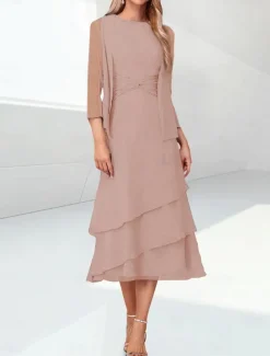 Beach Wedding Sheath Mother of the Bride Dress Elegant Jewel Neck Tea Length Chiffon 3/4 Length Sleeve Wrap Included with Ruching