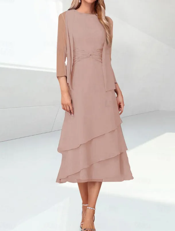 Beach Wedding Sheath Mother of the Bride Dress Elegant Jewel Neck Tea Length Chiffon 3/4 Length Sleeve Wrap Included with Ruching