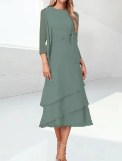 Beach Wedding Sheath Mother of the Bride Dress Elegant Jewel Neck Tea Length Chiffon 3/4 Length Sleeve Wrap Included with Ruching