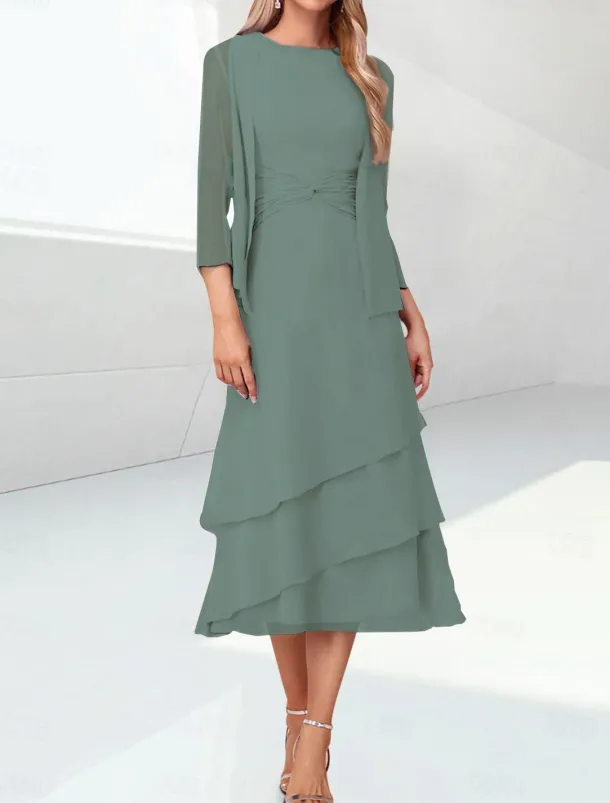 Beach Wedding Sheath Mother of the Bride Dress Elegant Jewel Neck Tea Length Chiffon 3/4 Length Sleeve Wrap Included with Ruching