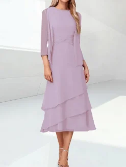 Beach Wedding Sheath Mother of the Bride Dress Elegant Jewel Neck Tea Length Chiffon 3/4 Length Sleeve Wrap Included with Ruching