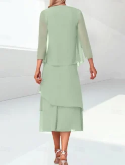 Beach Wedding Sheath Mother of the Bride Dress Elegant Jewel Neck Tea Length Chiffon 3/4 Length Sleeve Wrap Included with Ruching