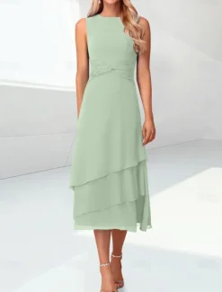 Beach Wedding Sheath Mother of the Bride Dress Elegant Jewel Neck Tea Length Chiffon 3/4 Length Sleeve Wrap Included with Ruching