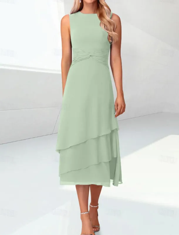 Beach Wedding Sheath Mother of the Bride Dress Elegant Jewel Neck Tea Length Chiffon 3/4 Length Sleeve Wrap Included with Ruching