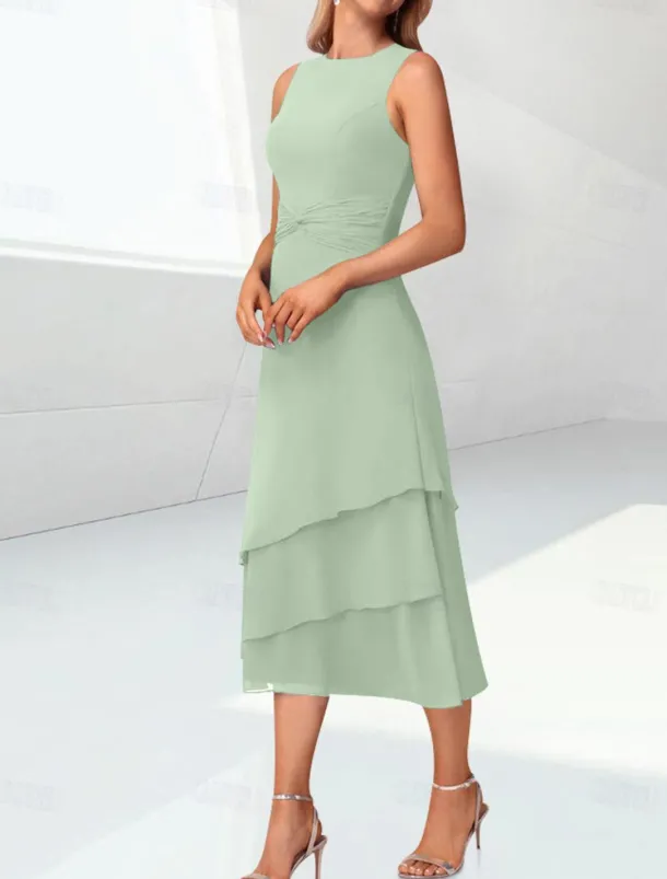 Beach Wedding Sheath Mother of the Bride Dress Elegant Jewel Neck Tea Length Chiffon 3/4 Length Sleeve Wrap Included with Ruching