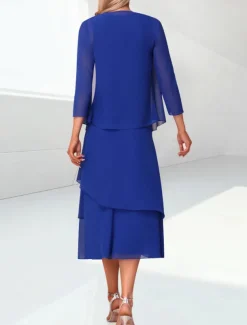 Beach Wedding Sheath Mother of the Bride Dress Elegant Jewel Neck Tea Length Chiffon 3/4 Length Sleeve Wrap Included with Ruching