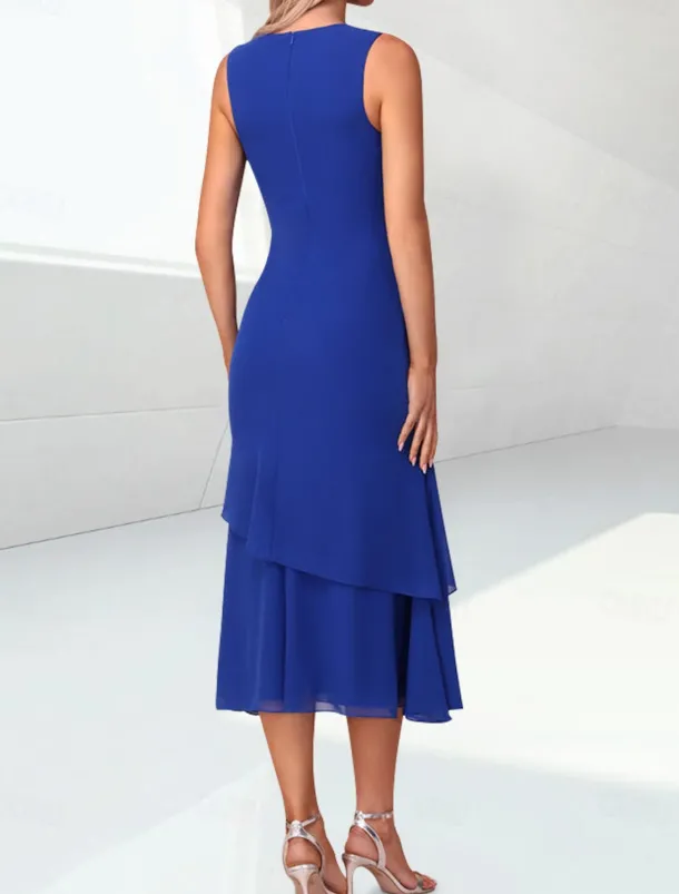 Beach Wedding Sheath Mother of the Bride Dress Elegant Jewel Neck Tea Length Chiffon 3/4 Length Sleeve Wrap Included with Ruching