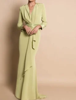 Beach Wedding Sheath Mother of the Bride Dress Formal Wedding Guest Elegant Party V Neck Sweep / Brush Train Stretch Chiffon Long Sleeve with Draping Ruching free custom size