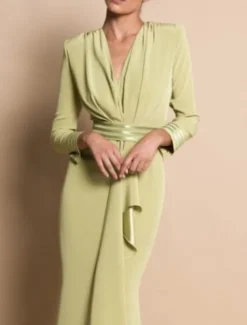 Beach Wedding Sheath Mother of the Bride Dress Formal Wedding Guest Elegant Party V Neck Sweep / Brush Train Stretch Chiffon Long Sleeve with Draping Ruching free custom size