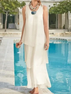 Beach Wedding Sheath Mother of the Bride Dress Wedding Guest Elegant Simple V Neck Ankle Length Chiffon Sleeveless with Tier Solid Color free custom size