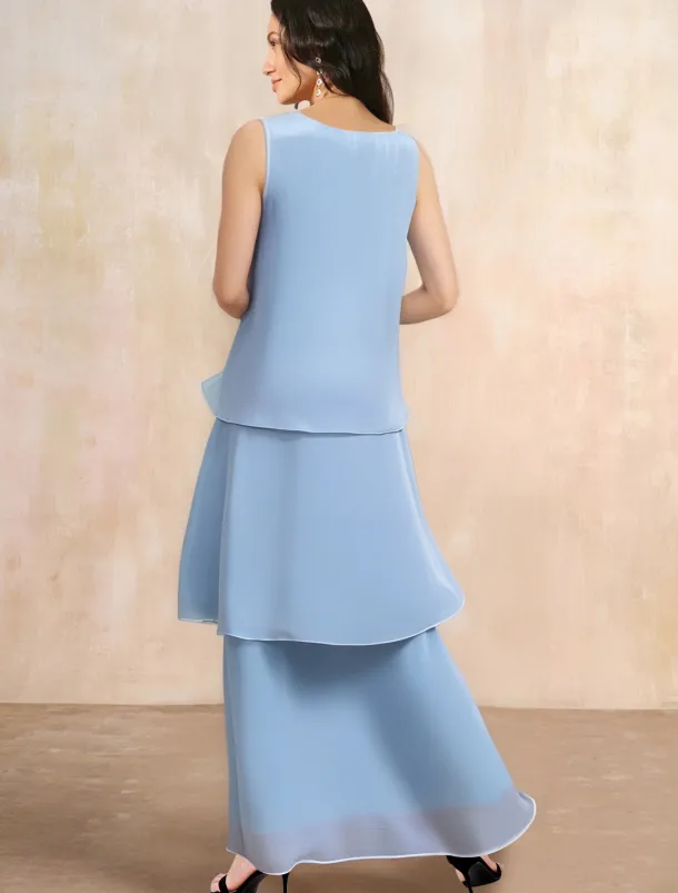 Beach Wedding Sheath Mother of the Bride Dress Wedding Guest Elegant Simple V Neck Ankle Length Chiffon Sleeveless with Tier Solid Color free custom size