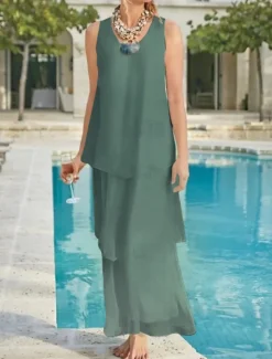 Beach Wedding Sheath Mother of the Bride Dress Wedding Guest Elegant Simple V Neck Ankle Length Chiffon Sleeveless with Tier Solid Color free custom size