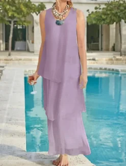 Beach Wedding Sheath Mother of the Bride Dress Wedding Guest Elegant Simple V Neck Ankle Length Chiffon Sleeveless with Tier Solid Color free custom size