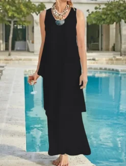 Beach Wedding Sheath Mother of the Bride Dress Wedding Guest Elegant Simple V Neck Ankle Length Chiffon Sleeveless with Tier Solid Color free custom size