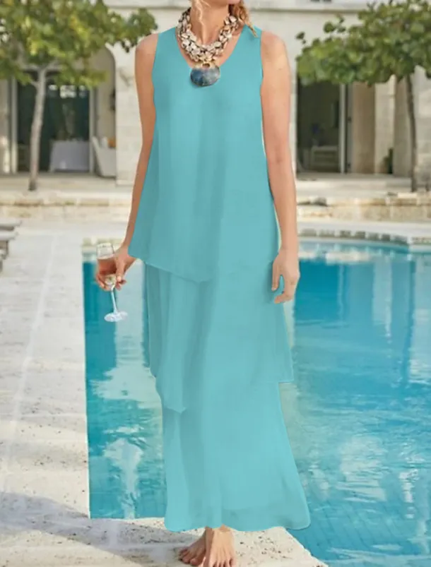 Beach Wedding Sheath Mother of the Bride Dress Wedding Guest Elegant Simple V Neck Ankle Length Chiffon Sleeveless with Tier Solid Color free custom size