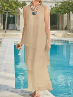 Beach Wedding Sheath Mother of the Bride Dress Wedding Guest Elegant Simple V Neck Ankle Length Chiffon Sleeveless with Tier Solid Color free custom size