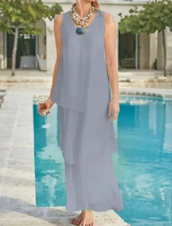 Beach Wedding Sheath Mother of the Bride Dress Wedding Guest Elegant Simple V Neck Ankle Length Chiffon Sleeveless with Tier Solid Color free custom size