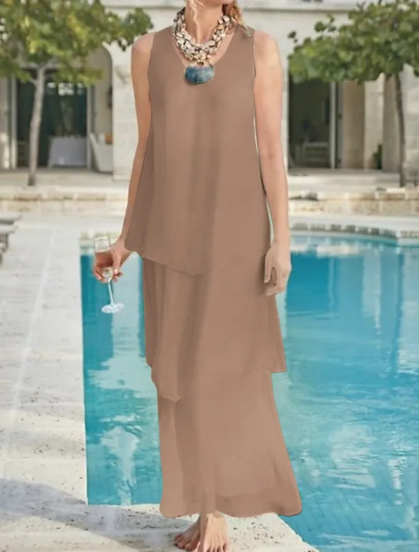 Beach Wedding Sheath Mother of the Bride Dress Wedding Guest Elegant Simple V Neck Ankle Length Chiffon Sleeveless with Tier Solid Color free custom size