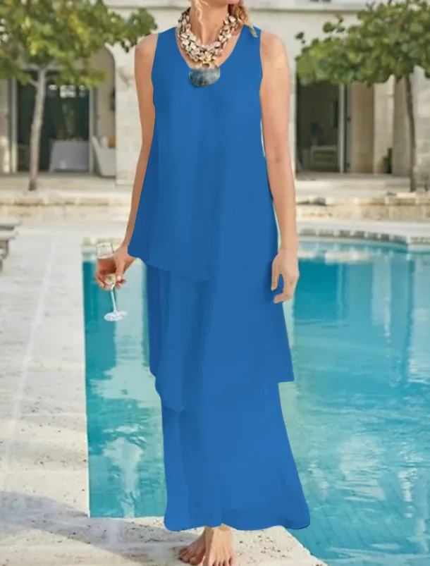 Beach Wedding Sheath Mother of the Bride Dress Wedding Guest Elegant Simple V Neck Ankle Length Chiffon Sleeveless with Tier Solid Color free custom size