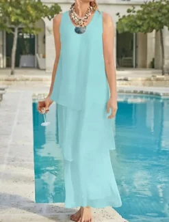 Beach Wedding Sheath Mother of the Bride Dress Wedding Guest Elegant Simple V Neck Ankle Length Chiffon Sleeveless with Tier Solid Color free custom size